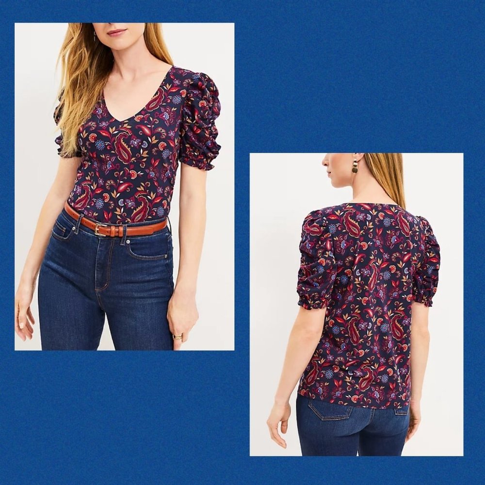 LOFT Women Paisley Ruffle Cinched Sleeve V-Neck Top Small